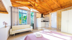 Een slaapkamer met een bed, een bank, een keukenhoek en uitzicht op groen.
