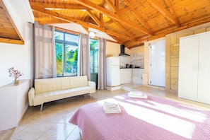 A bedroom with a bed, a sofa, a kitchen area, and a view of greenery outside. - Ionian Balcony Hotel Apartments (Kefalonia)