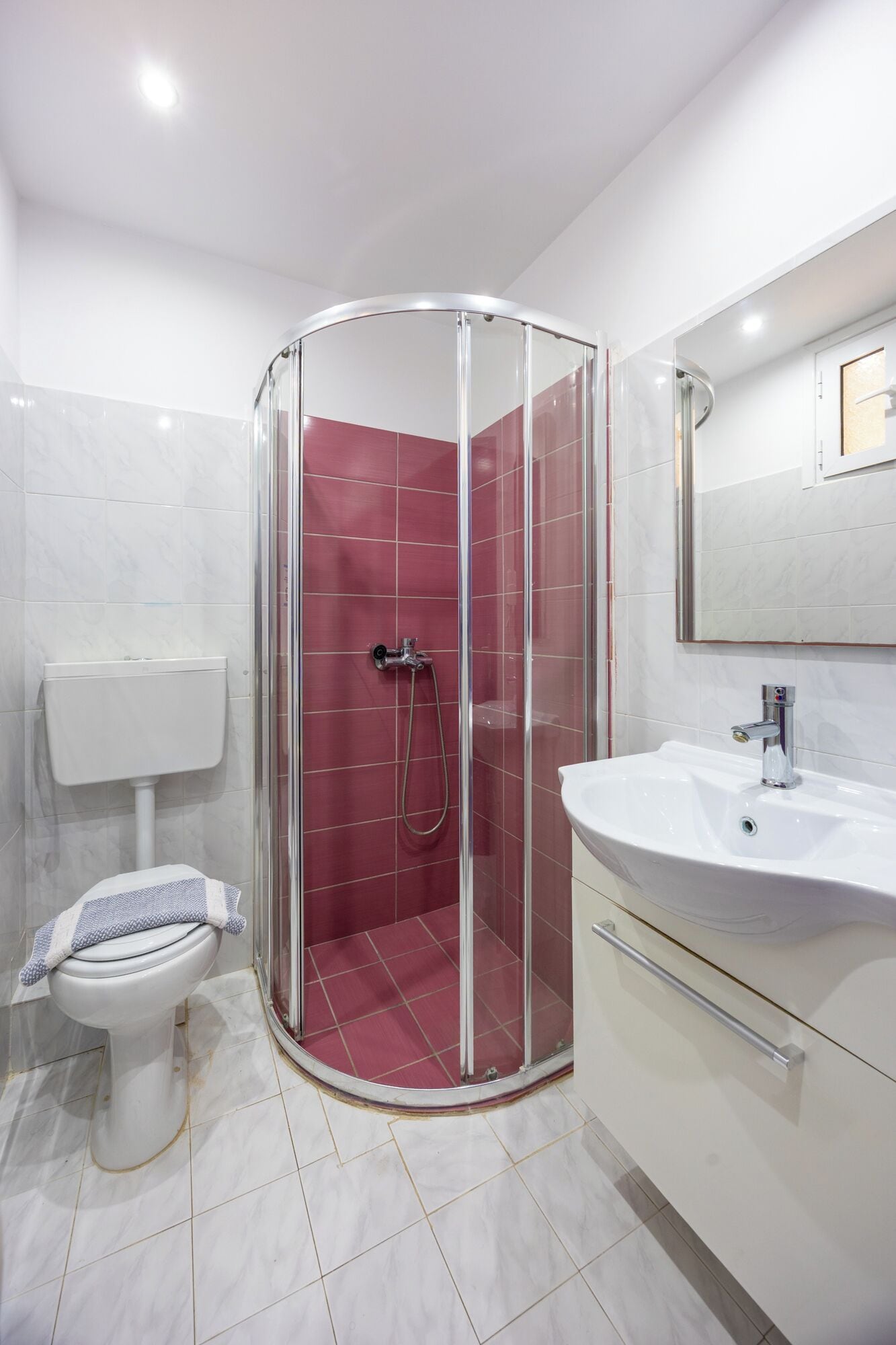 A bathroom with a glass-enclosed shower, a toilet, and a sink with a mirror above it.