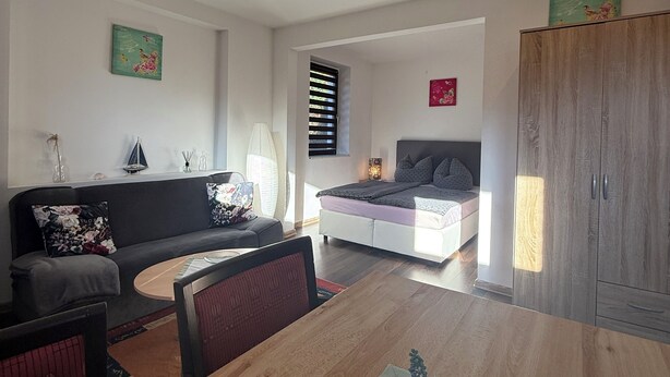 Un salon moderne avec un canapé, une table à manger et un lit.