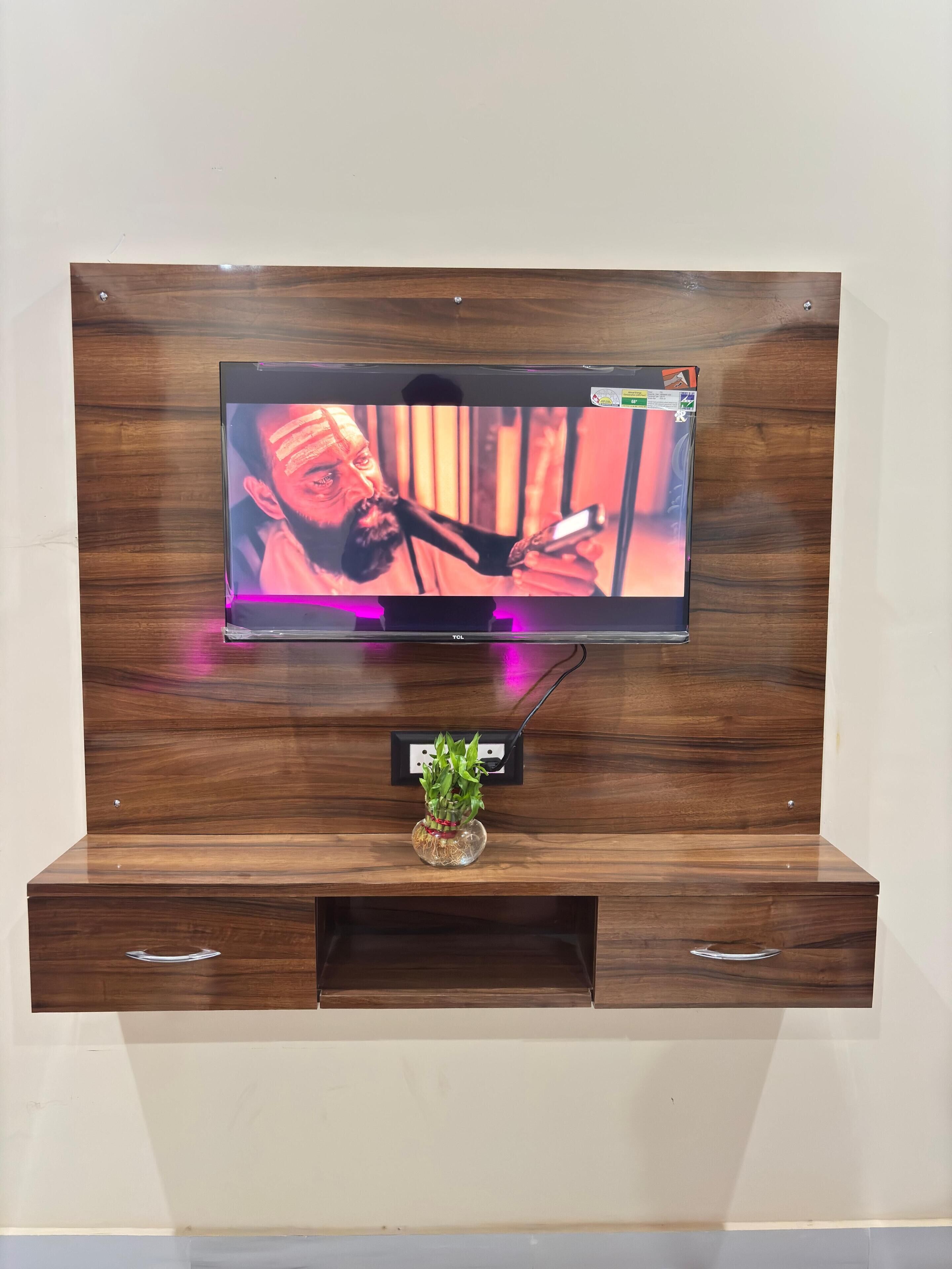 Et fladskærms-tv monteret på en trævæg med en lille plante nedenunder.