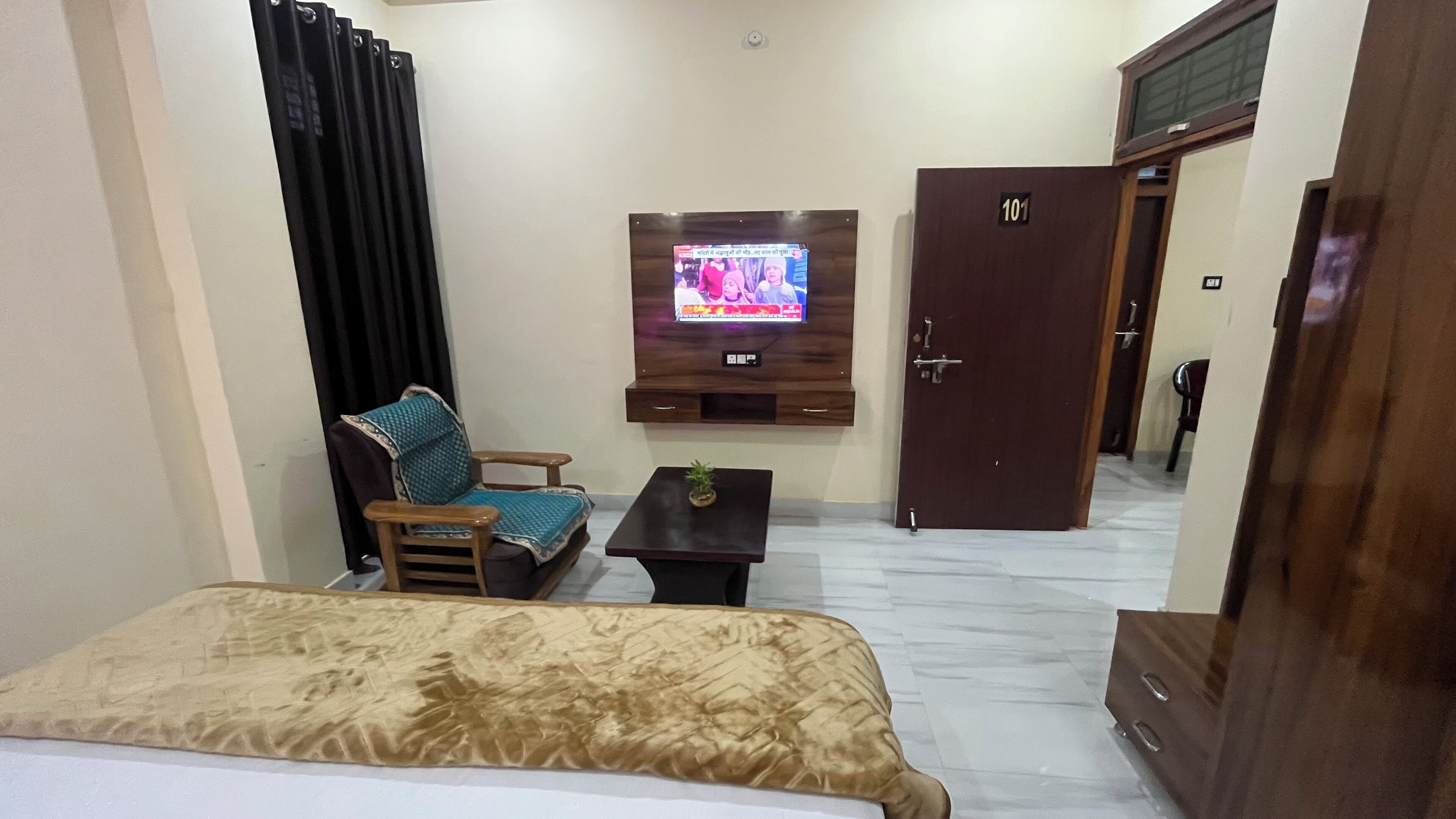 A hotel room with a bed, a sofa, a TV mounted on the wall, a small table with a plant, and a door labeled '101'.