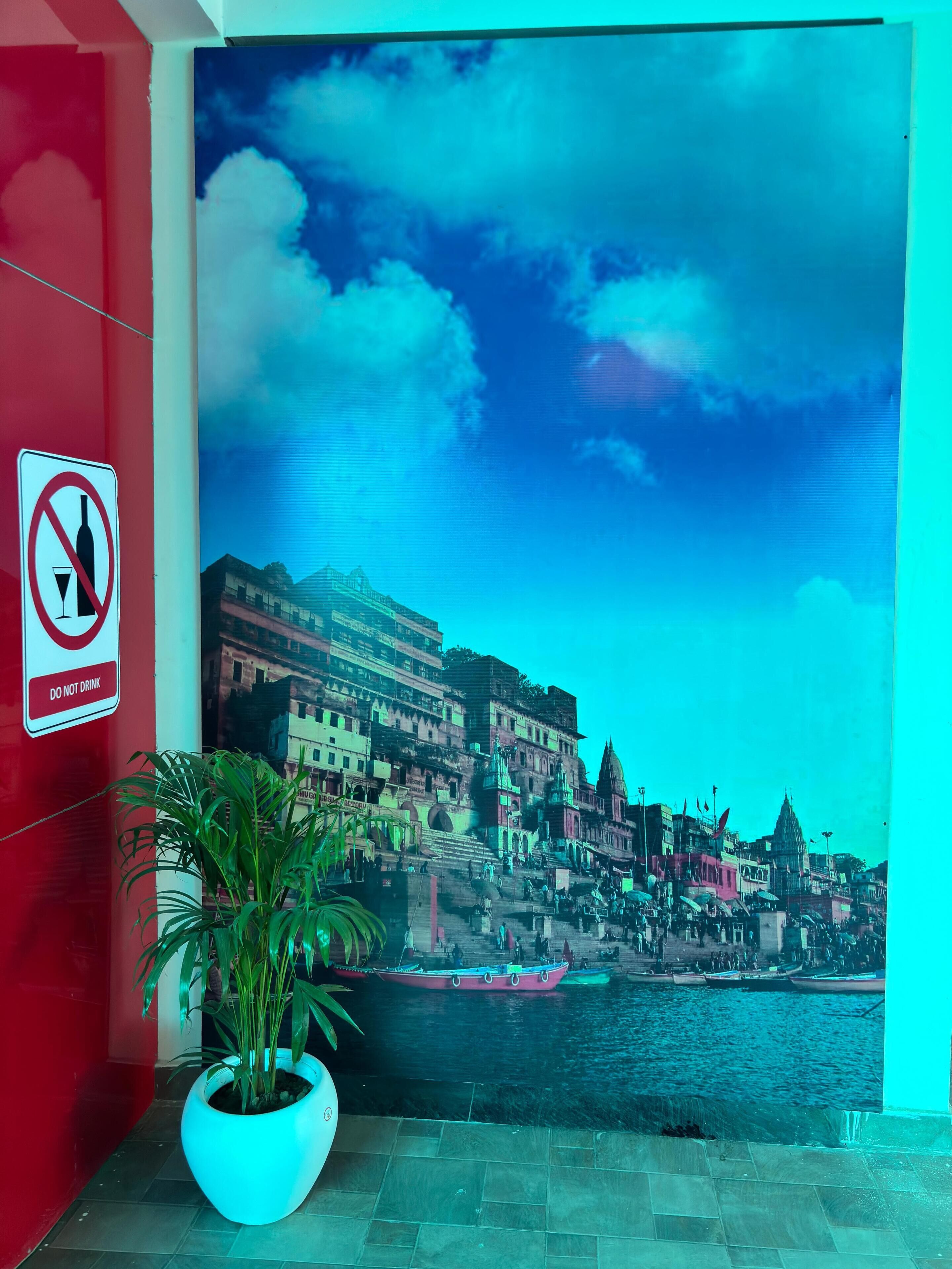 A mural of a cityscape with a river and boats, a 'Do Not Drink' sign, and a potted plant.