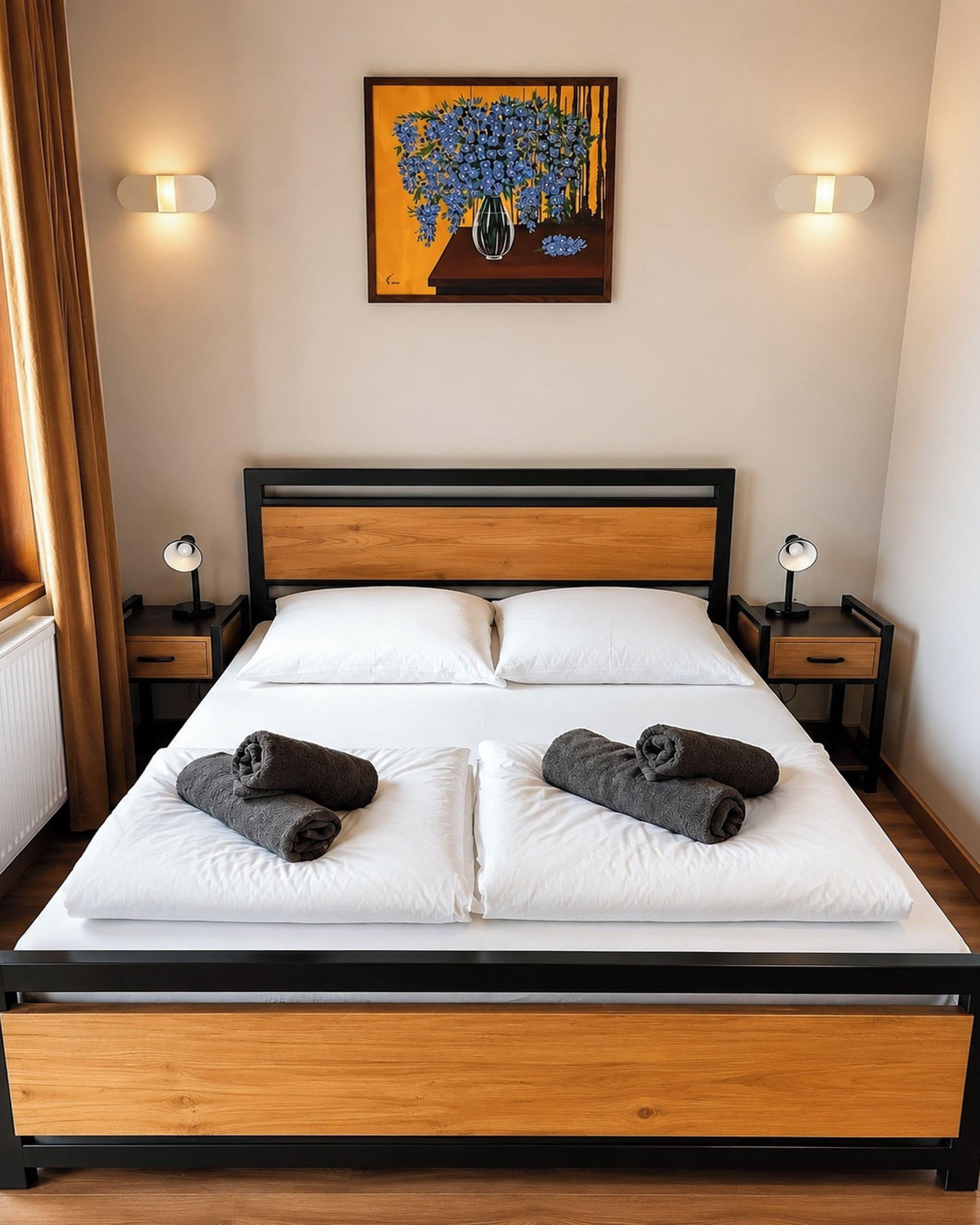 A neatly made bed with white linens and two rolled towels, a wooden headboard, and a painting above it.