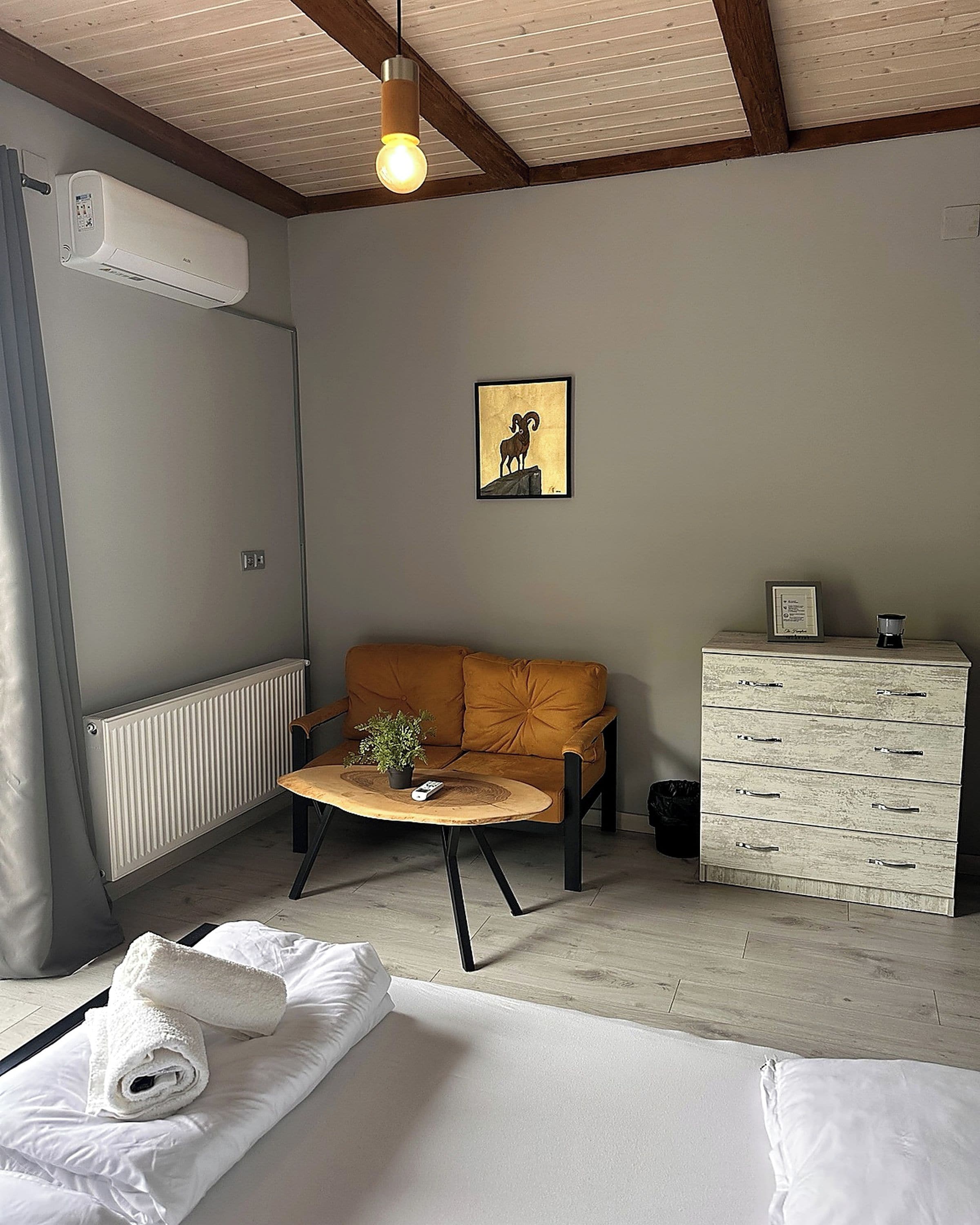 Habitación de hotel con una cama, un sofá, una mesita con una planta, un radiador, un aparador blanco y un cuadro en la pared.