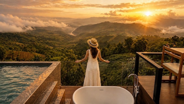 A woman in a white dress and straw hat overlooking a scenic landscape with a view of the sunset, a pool, and a wooden deck. - Cozy Homey Doichang (Mae Suai)