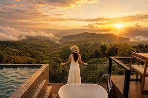 Une femme vêtue d’une robe blanche et coiffée d’un chapeau de paille, qui contemple un paysage magnifique offrant une vue sur le coucher de soleil, une piscine et une terrasse en bois.