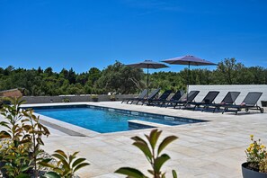 Une piscine entourée de verdure, avec des chaises longues et des parasols.