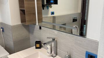 Shower, hair dryer, bidet, towels