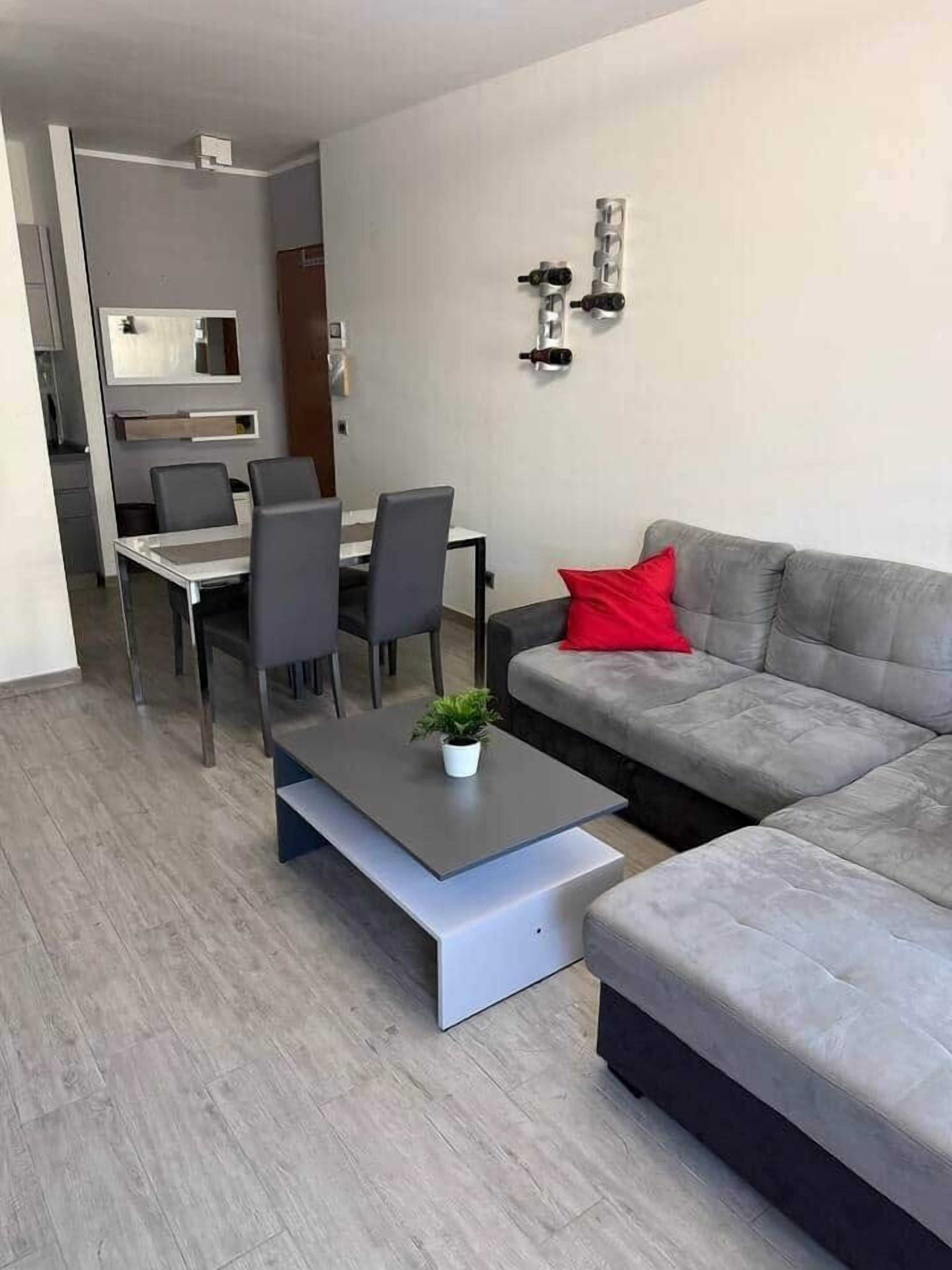A modern living room with a grey sofa, a dining table with chairs, a small potted plant, and a red pillow.