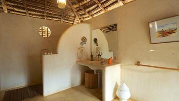 Shower, slippers, towels, soap