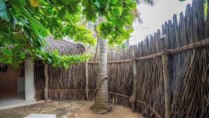 A courtyard with a thatched-roof structure, a palm tree, and a stone floor. - Dolphin Beach Resort (Etalai)