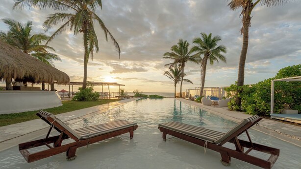 A poolside area with lounge chairs and palm trees. - Dolphin Beach Resort (Etalai)