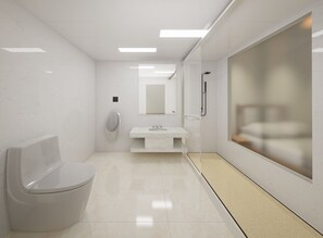 Deluxe Ocean View Shared Pool Suite | Bathroom | Shower, rainfall showerhead, hair dryer, slippers - Palau Mangrove Hotel (Meyungs)