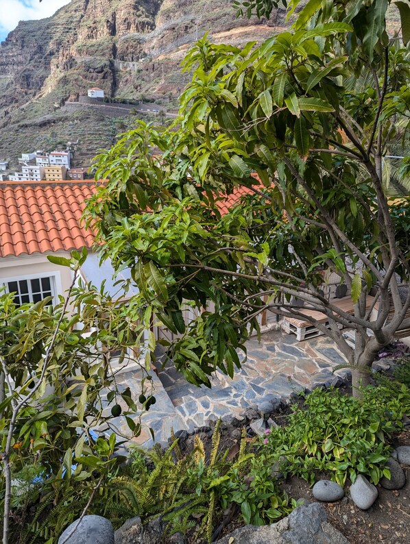 Una casa amb teulada vermella, envoltada de vegetació abundant i terreny rocos.