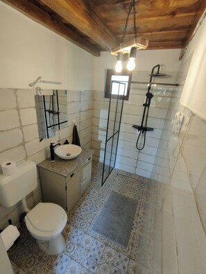 Ducha, secador de pelo, toallas, jabón
