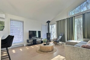 TV, fireplace, books, offices