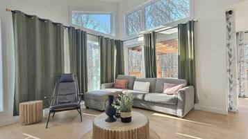 TV, fireplace, books, offices