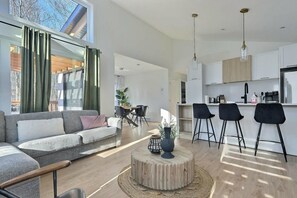 TV, fireplace, books, offices