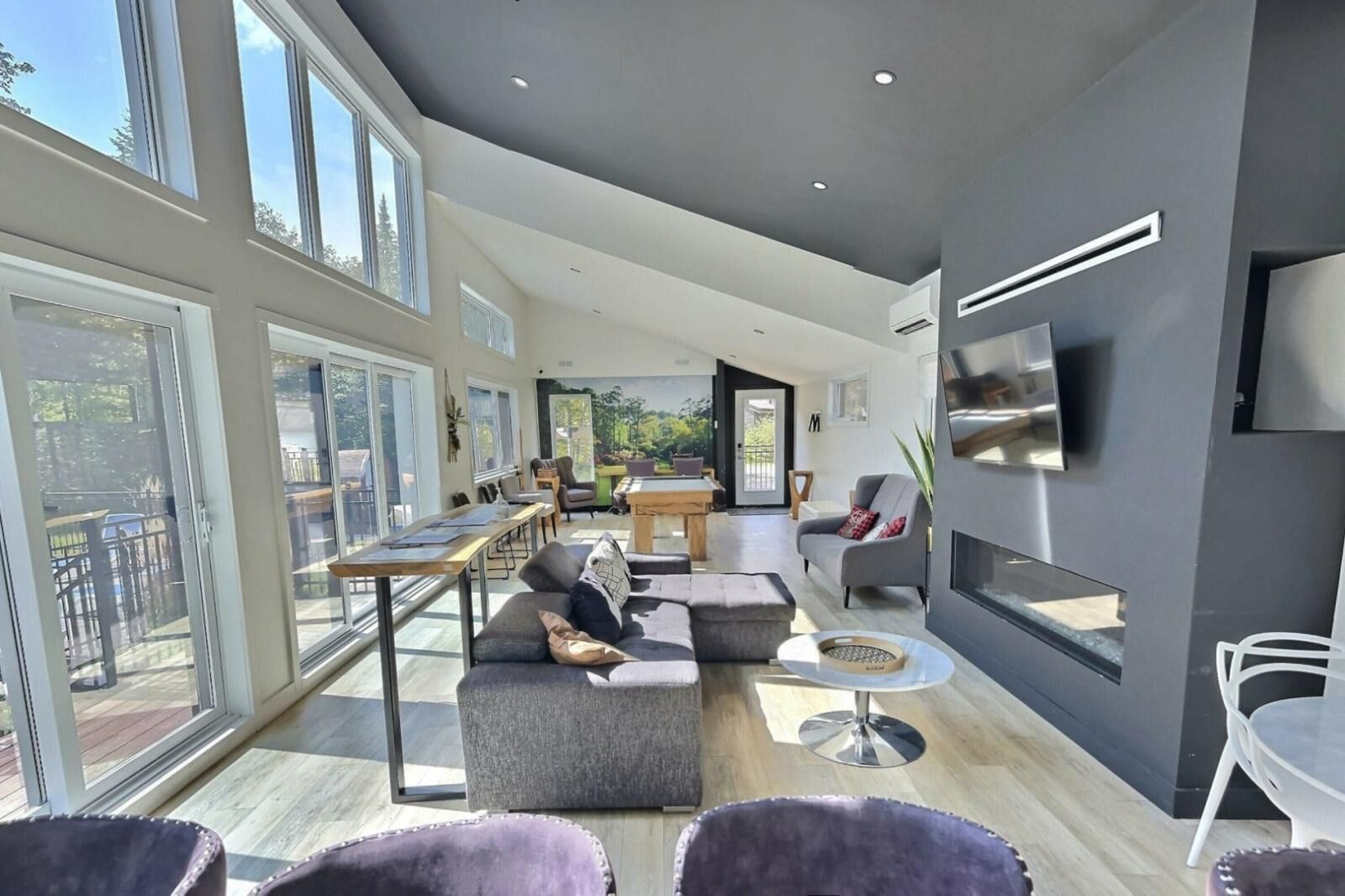 TV, fireplace, books, offices