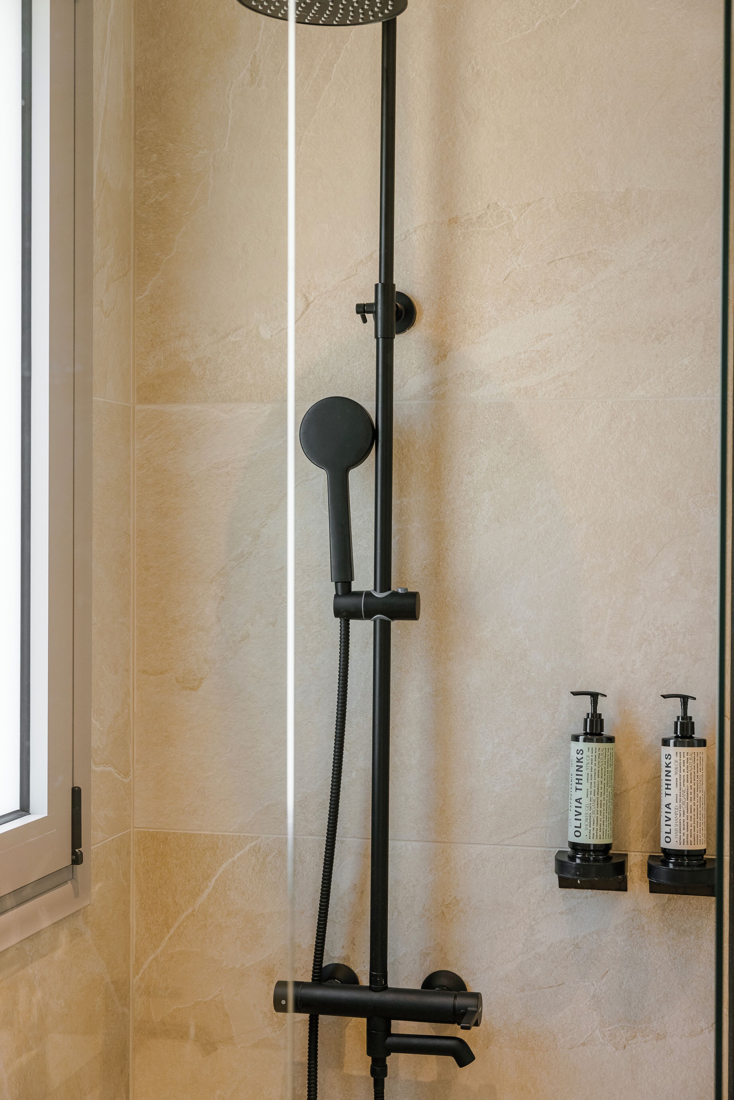 Une douche équipée d’un pommeau de douche à main, d’un panneau de commande mural et de deux flacons de savon liquide placés sur une étagère.