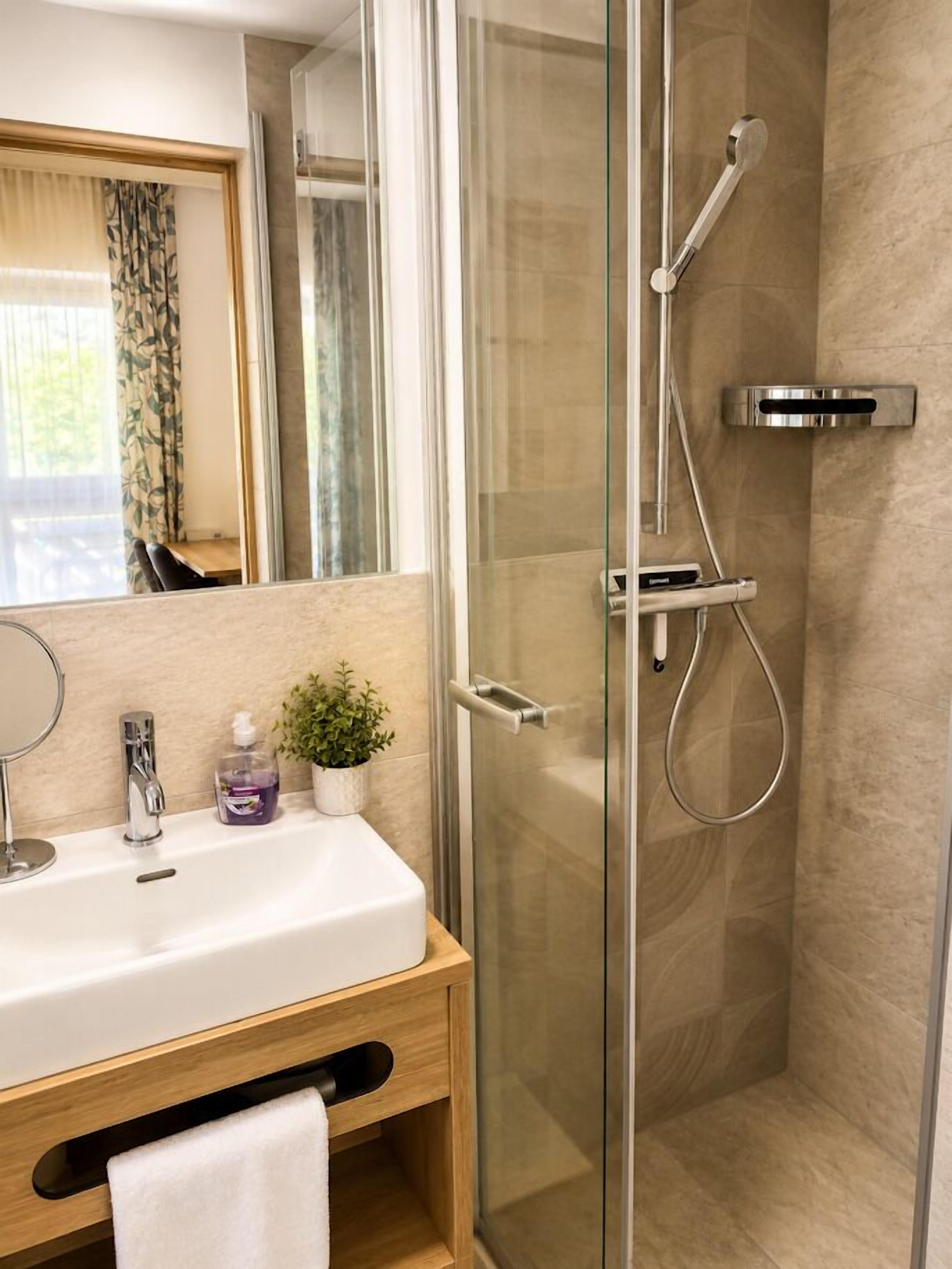 A bathroom with a glass shower enclosure, a sink with a mirror, and a small potted plant.