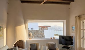 Villa, Private Pool, Sea View | Living area | Flat-screen TV, fireplace - Aegean Scent  (Mykonos)