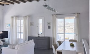 Villa, Private Pool, Sea View | Living area | Flat-screen TV, fireplace - Aegean Scent  (Mykonos)