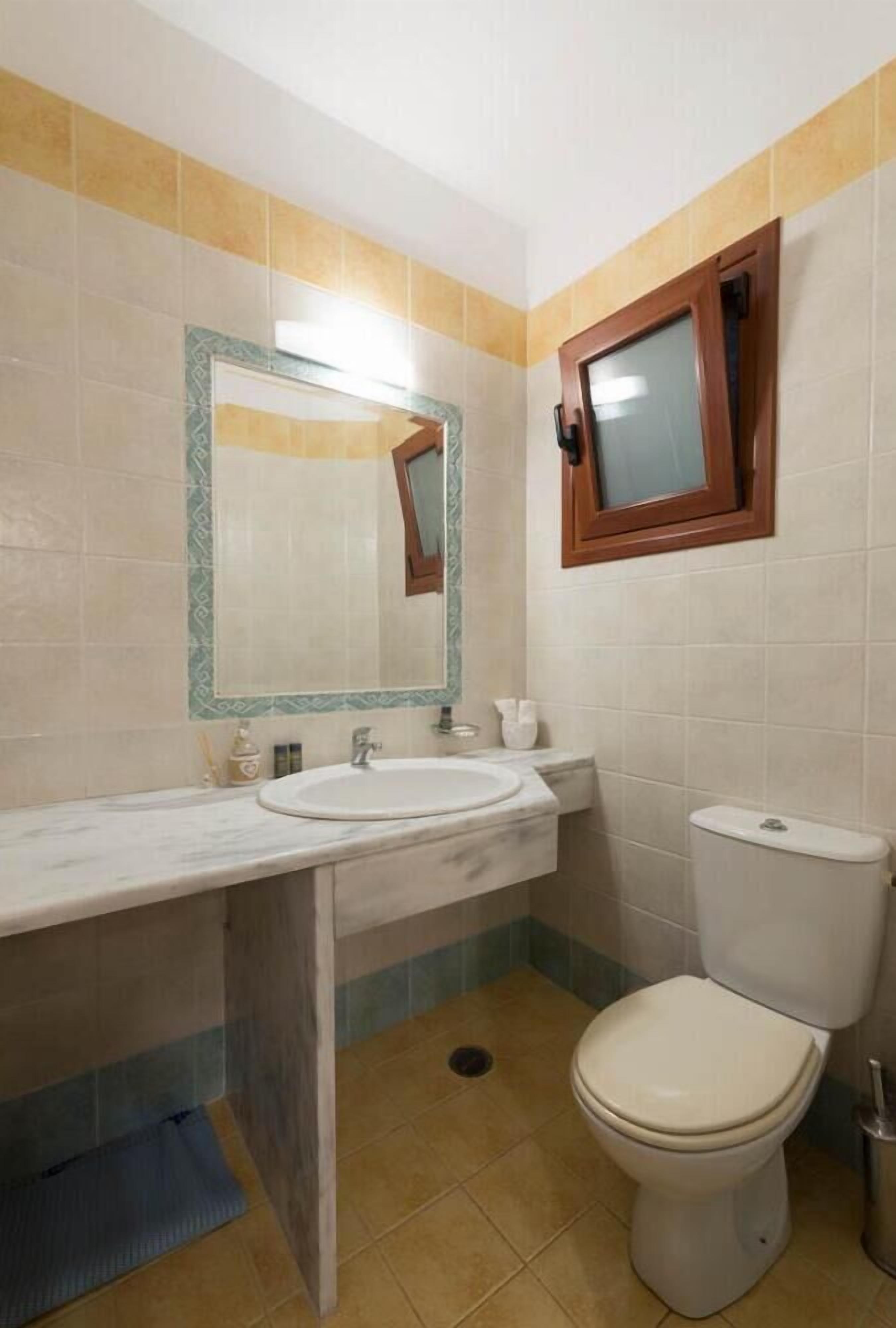 A bathroom with a sink, mirror, and toilet.