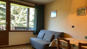 A room with a sofa, a dining table with chairs, a window with curtains, and a small framed picture on the wall. - 2-room apartment with pool access, near slopes, max 4 guests (Pralognan-la-Vanoise)