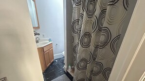A bathroom with a toilet, sink, and mirror. There is a shower curtain with a circular pattern. - Spacious 2 bedroom with a Deck in center city (Philadelphia)