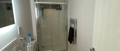 A bathroom with a white sink, toilet, and glass shower enclosure.