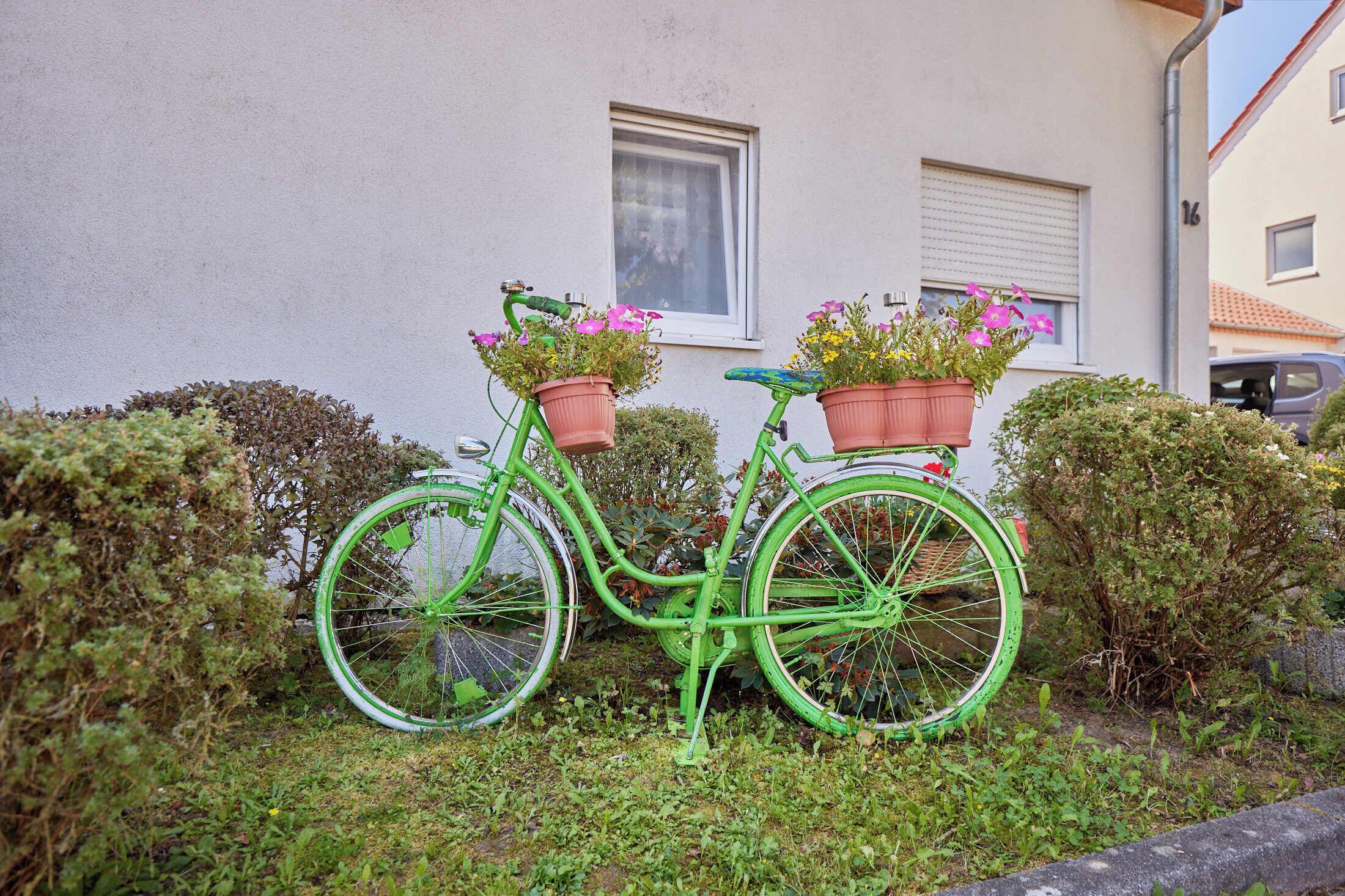 Ein grünes Fahrrad mit zwei Blumentöpfen vorne, abgestellt vor einem Haus.