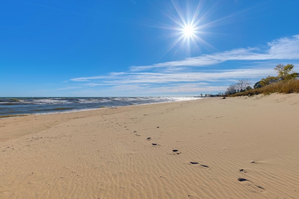 A sandy beach with footprints leading to the water, a clear sky, and distant trees.