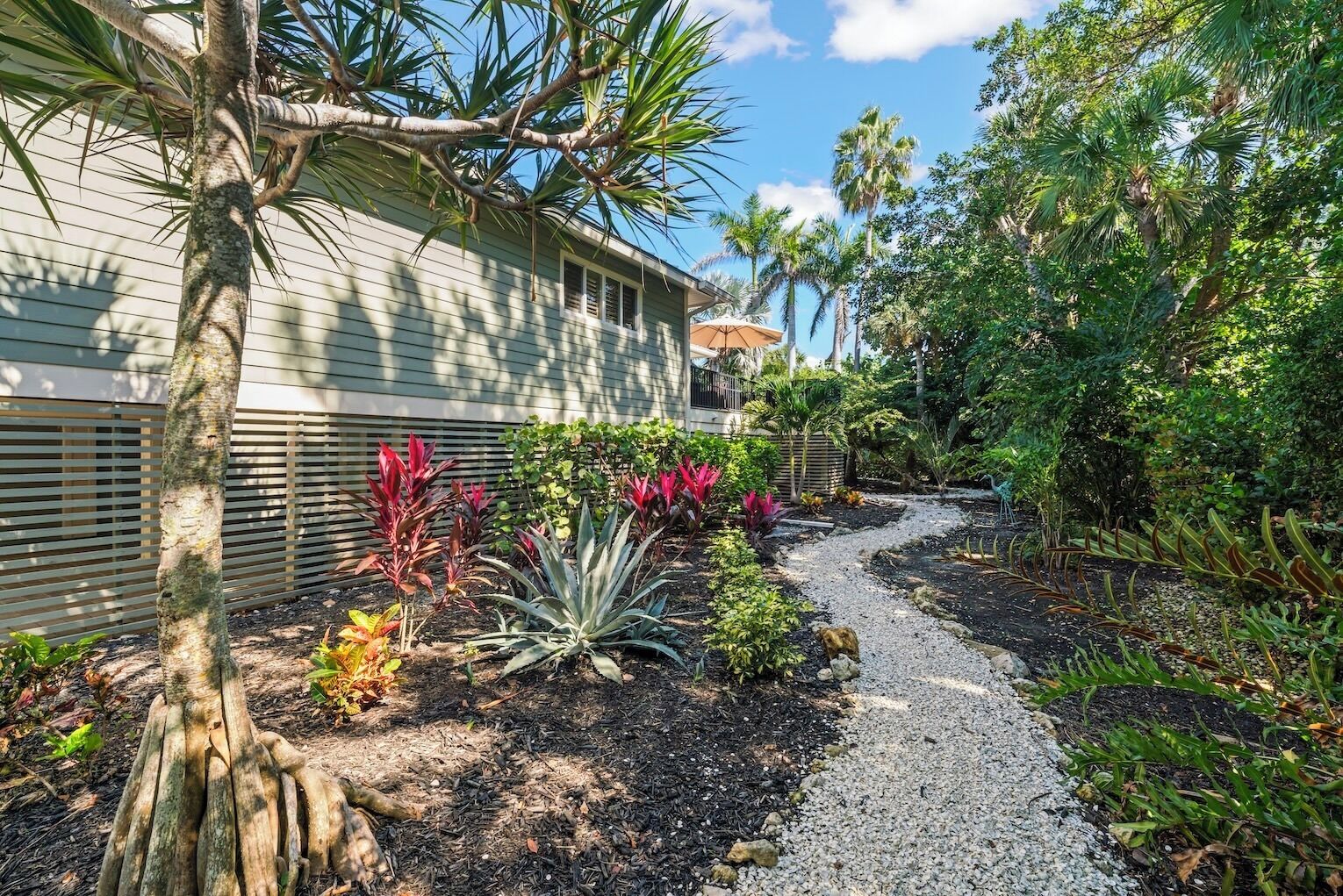 Un sendero conduce a una casa rodeada de vegetación exuberante y palmeras.