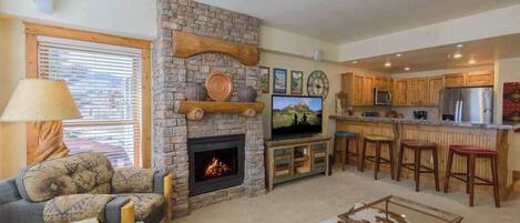 TV, fireplace, offices