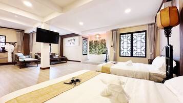 Desk, laptop workspace, blackout curtains, soundproofing