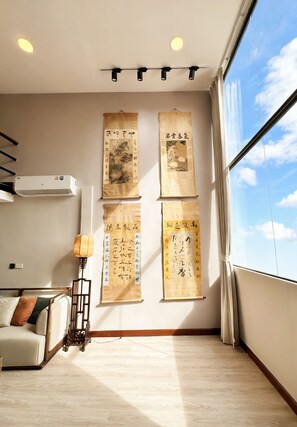 Desk, laptop workspace, blackout drapes, soundproofing