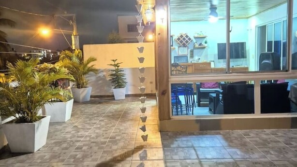 Una terraza en la azotea con plantas en macetas, suelo de baldosas y vistas del interior a través de amplias ventanas.
