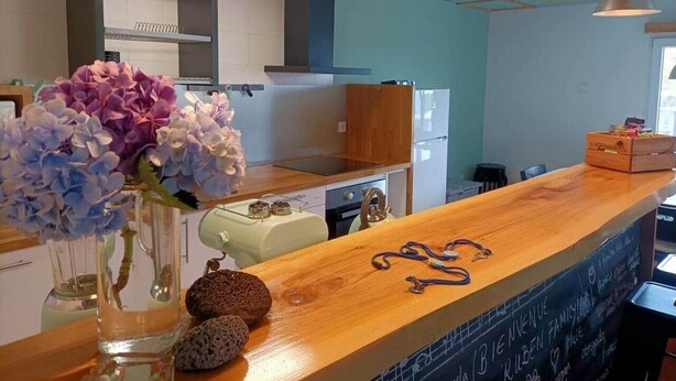 A modern kitchen with a wooden countertop, hanging pendant lights, and a vase with flowers. - House of Rising Sun (Remédios, Ponta Delgada)