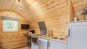 A compact kitchen with wooden walls, a window, a sink, a microwave, and a small refrigerator. - Oak View (Rhayader)