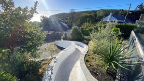 Un sendero curvo en un jardín con diversas plantas y una casa al fondo.