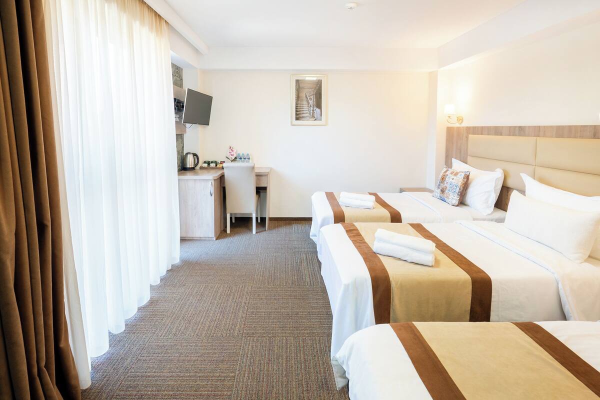 Habitación de hotel con dos camas, un escritorio, televisor y un cuadro en la pared.