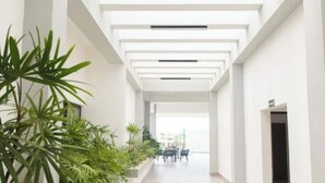 Un intérieur moderne avec un long couloir, des murs blancs et un plafond doté d’un éclairage encastré. Des plantes en pot sont disposées le long du côté gauche.