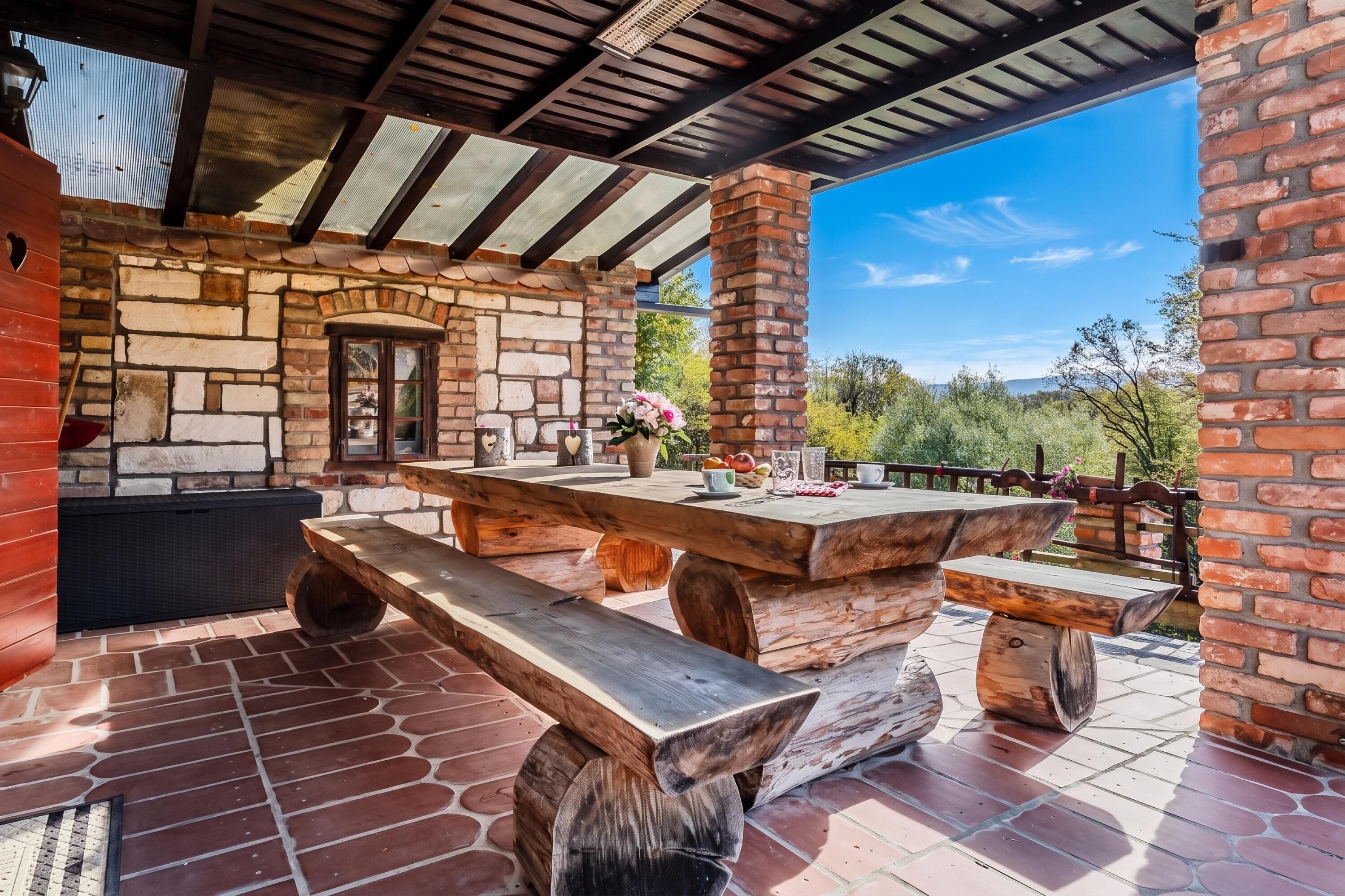 Casa familiar, 2 habitaciones, chimenea, junto a la montaña (Nature Lodge With Sauna and Hot Tub) | Restaurante al aire libre