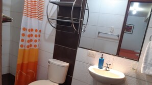 Un bany amb vàter, un lavabo, cortina de dutxa i un mirall.