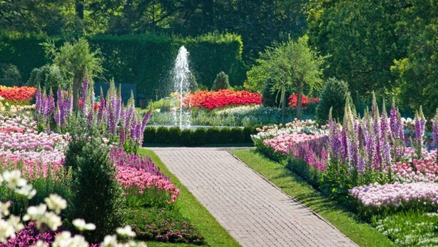 A garden with a paved walkway, various flower beds, and a fountain. - Prime Baton Rouge Location Near LSU Museum, Zoo, and Riverfront Dining (Baton Rouge)