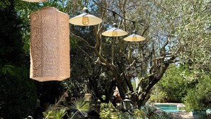 Outdoor garden lighting with a tree and plants. - Vacqueyras: Mas L'Epicure - bright apartment with shared pool and garden (Vacqueyras)
