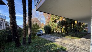 A paved pathway leading to a building entrance, surrounded by palm trees and a car parked nearby. - Carmen apartment with lake view and balcony (Luino)
