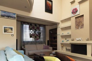 TV, fireplace, DVD player, books